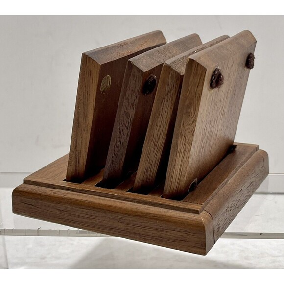 Vintage  Midcentury Modern Walnut Coaster Caddy w/ Enameled Maple Leaf - Picture 3 of 9